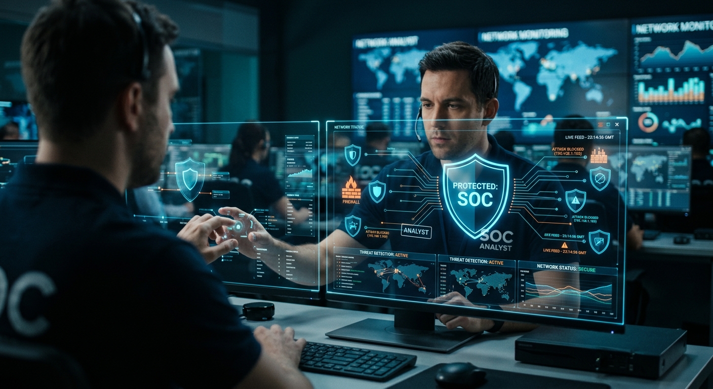 שני אנליסטים של אבטחת מידע (SOC) עובדים בחדר בקרת סייבר מתקדם ומנטרים איומים על גבי מסכים הולוגרפיים חכמים.
