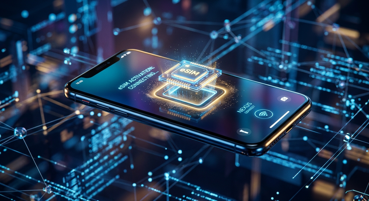 סמארטפון מודרני מציג תהליך הפעלת eSIM עם הדמיה של שבב דיגיטלי תלת ממדי מרחף מעל המסך, על רקע רשת תקשורת טכנולוגית